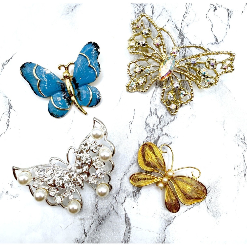 Butterfly Brooch Lot of 4 Enamel Rhinestone Pearl Filigree Pins One Gerry's
